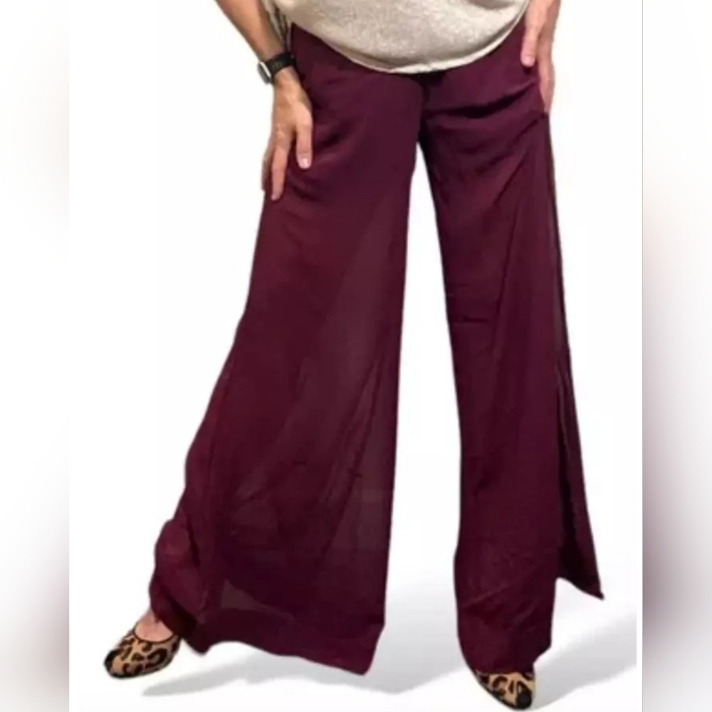 Uniq Wide-Leg Sheer Dress Pants in Wine Size Small